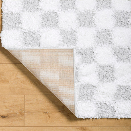 Willa Shaggy Modern Plush Pile Light Grey Checkered Rug - Image 4