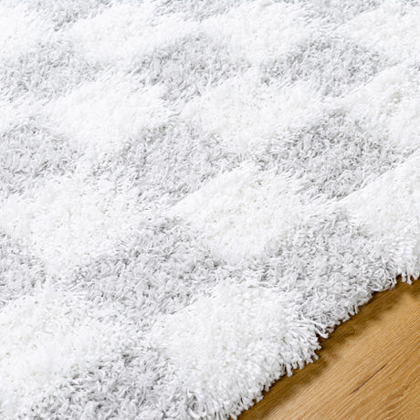 Willa Shaggy Modern Plush Pile Light Grey Checkered Rug - Image 3